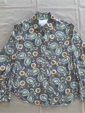 Cino Paisley Floral Button Up Shirt 100% Cotton Blue Yellow Size XL Boho Chic